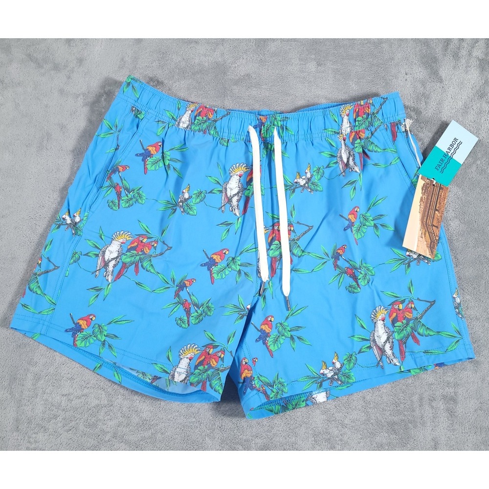 Fair Harbor Bungalow Short Mens 2X Blue Parrot Party Tropical Swim Trunks NWT